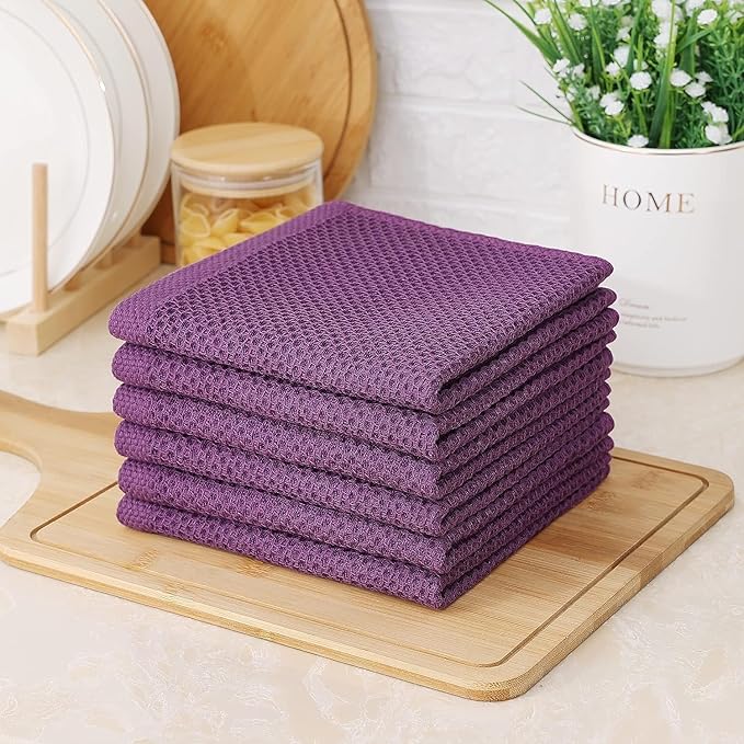 Kitinjoy 100% Cotton Kitchen Dish Cloths, 8 Pack Waffle Weave Ultra Soft Absorbent Dish Towels for Drying Dishes Quick Drying Kitchen Towels Dish Rags, 12 X 12 Inches, Violet