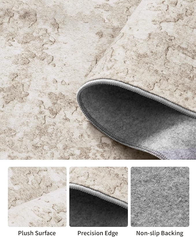 Art&Tuft Washable Rugs 8x10, Area Rugs for Living Room - Non Slip and Low Pile Soft Thin Abstract 8x10 Rug for Bedroom, Dining Room, Kitchen, Office, Beige
