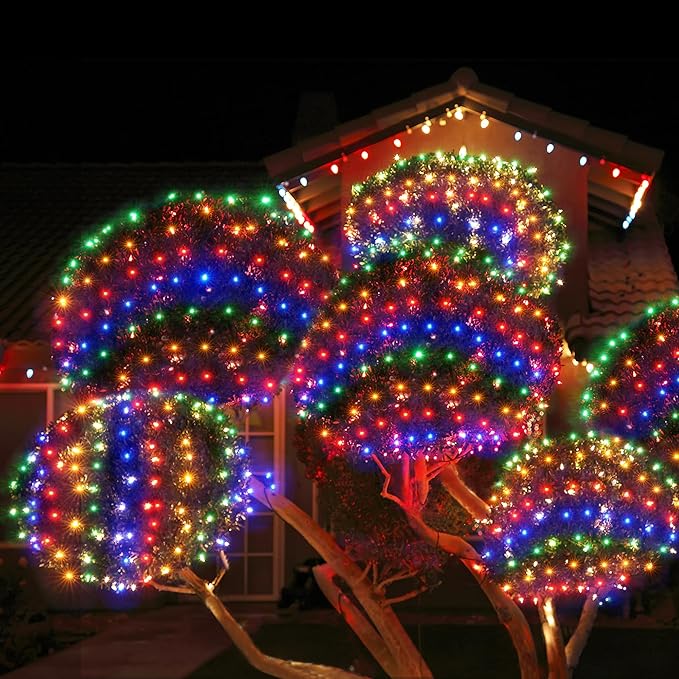 WBao Christmas Lights Outdoor, 200LED 8.4ft x 5.2ft Christmas Net Lights with 8 Modes, Timer, End to End Connectable, Waterproof LED Net Lights for Lawn, Bushes, Trees Xmas Decorations, Multicolor