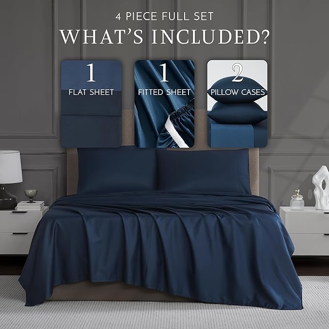 Linen Closet Luxury Cotton 1200 Thread Count Hotel Luxury 4-Piece Sheet Set, Full, Navy