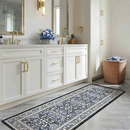 Dark Blue 2x6 Runner Rug for Hallways, Boho Floral Moroccan Trellis Printed Kitchen Bathroom Runner 6ft, Non Slip Washable Low Pile Thin Carpet Runner for Mudroom/Laundry Room/Bedroom Bedside