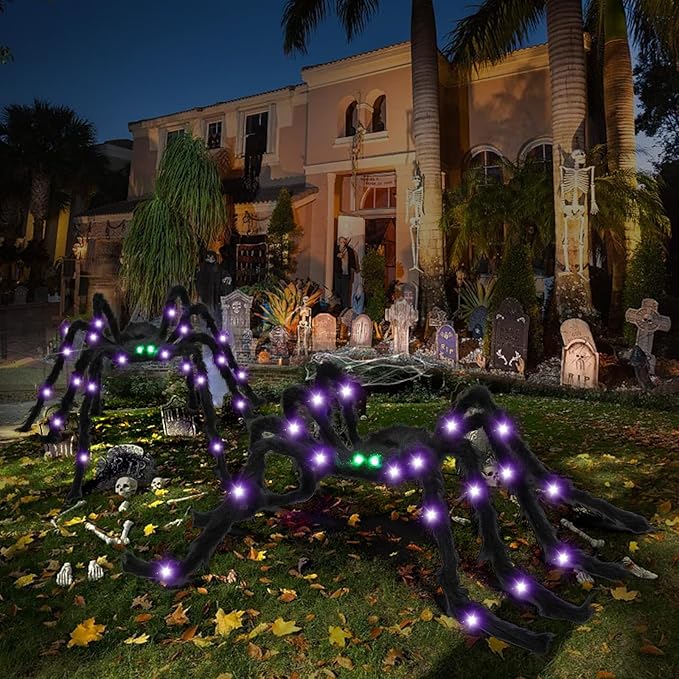 Halloween Spider Decorations 4ft Light Up Giant Spider(2 Pack) with Green Lighted Eyes for Indoor Outdoor Halloween Decorations Yard Party House Décor