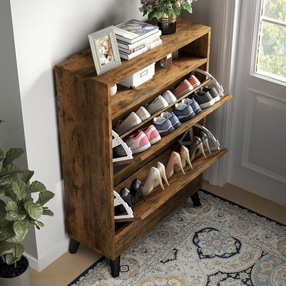 Shoe Storage Cabinets, 16 Pairs Free Standing Shoe Organizer with 2 Flip Drawers for Entryway, Narrow 3 Tier Entryway Hidden Shoe Rack with Doors (Rustic)