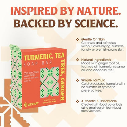 Turmeric, Tea Tree & Ginger Luxurious Natural Soap Bar (4.2 oz) | Gentle Exfoliation & Refreshing Lather | Cold-Processed, Handmade in Vietnam (Pack of 1)