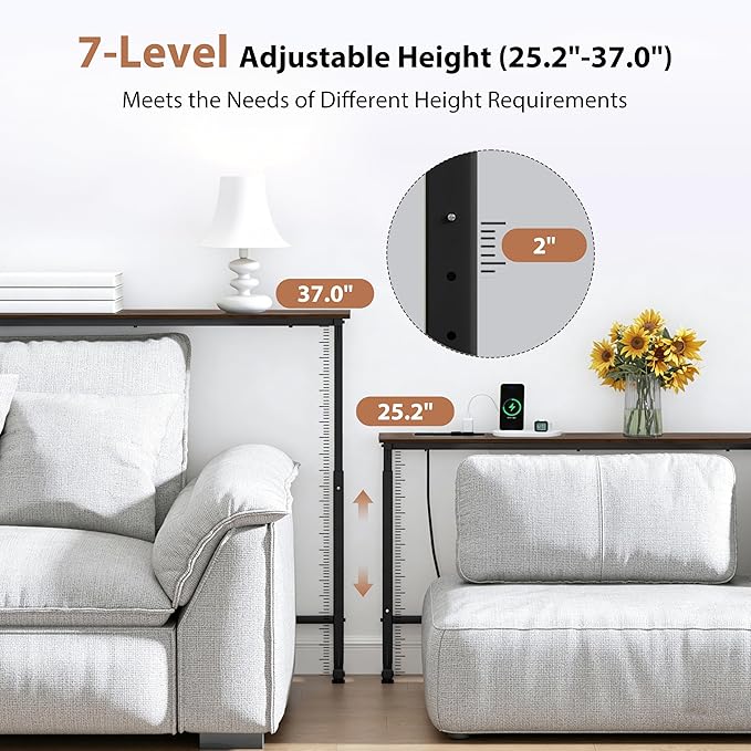 GRLEAF 35" Adjustable Height Narrow Console Table with Power Outlets, Long Sofa Table with Charging Station Behind Couch Table Skinny Entryway Table for Living Room, Hallway and Office – Rustic Brown