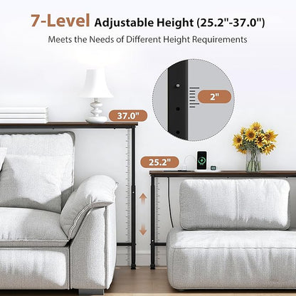 GRLEAF 35" Adjustable Height Narrow Console Table with Power Outlets, Long Sofa Table with Charging Station Behind Couch Table Skinny Entryway Table for Living Room, Hallway and Office – Rustic Brown
