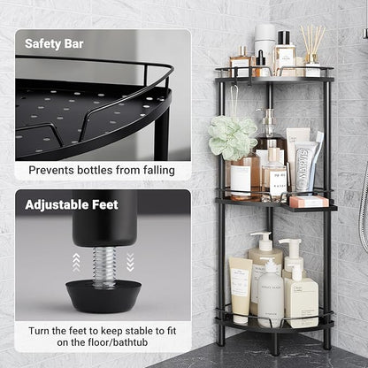 ELYKEN Corner Shower Caddy Standing, 3 Tier Rustproof Metal Shower Organizer with Soap Holder, Floor Shower Corner Shelf Rack Storage Stands with Adjustable Feet & 2 Hooks for Bathroom, Black