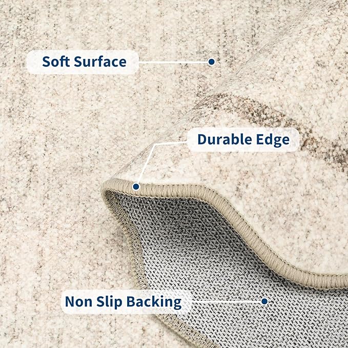 GarveeHome Scalloped Round Area Rugs, Washable Small Round Rug 3 ft Non-Slip Nursery Rug, Christmas Soft Solid Beige Circle Low Pile Stain Resistant Carpet for Bedroom Entryway Kitchen Bathroom