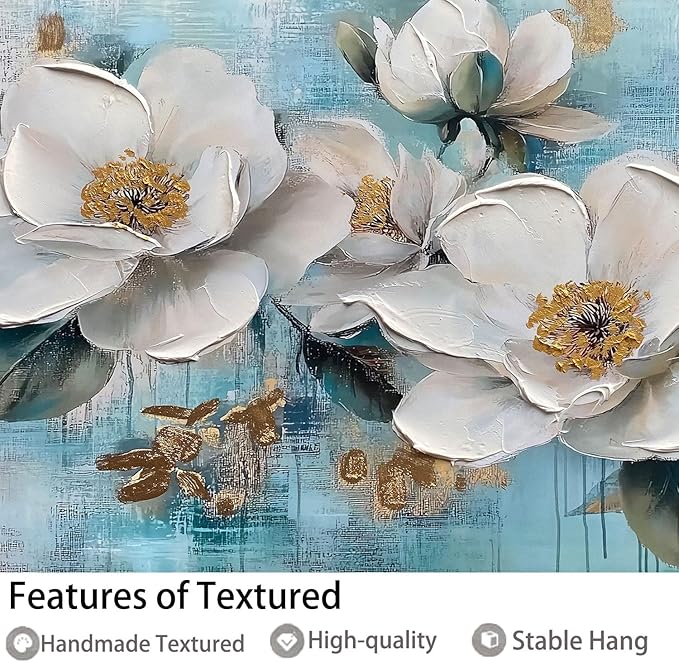 Ardemy White Floral Wall Art, Framed Teal Canvas Wall Art For Living Room Large Magnolia Pictures Wall Decor Flower Paintings Artwork for Walls Dining Room Bedroom Home Office 58"x29"