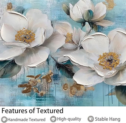 Ardemy White Floral Wall Art, Framed Teal Canvas Wall Art For Living Room Large Magnolia Pictures Wall Decor Flower Paintings Artwork for Walls Dining Room Bedroom Home Office 40"x20"