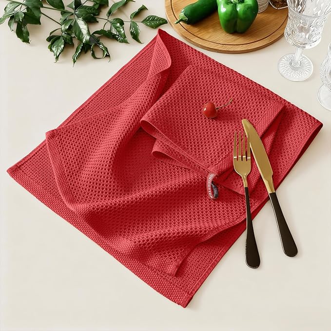 Kitinjoy 100% Cotton Kitchen Towels and Dishcloths Set, 8 Pack Waffle Weave Dish Towels Ultra Soft Absorbent Quick Drying Dish Rags, 13 x 28 Inch and 12 X 12 Inch, Red