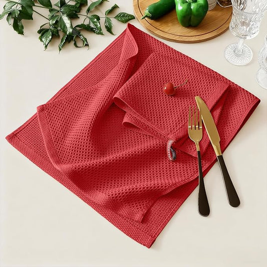 Kitinjoy 100% Cotton Kitchen Towels and Dishcloths Set, 8 Pack Waffle Weave Dish Towels Ultra Soft Absorbent Quick Drying Dish Rags, 13 x 28 Inch and 12 X 12 Inch, Red