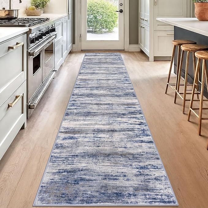 KOZYFLY Modern Abstract Kitchen Runner Rug, 2x12 Washable Rug Runner Non-Slip Soft Striped Hallway Runner Rugs, Grey Blue Print Carpet Runner for Entryway Bathroom Laundry Room Foyer