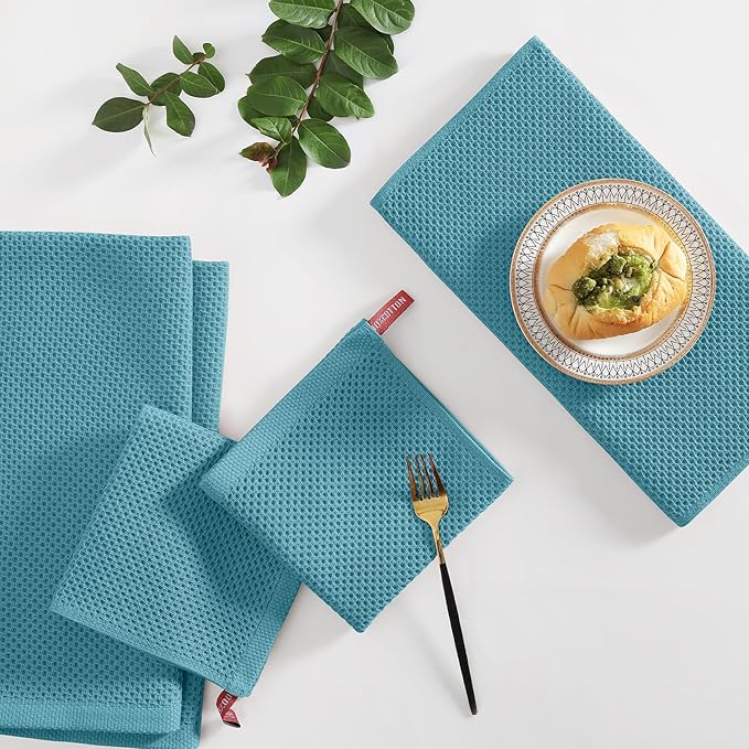 Homaxy 100% Cotton Kitchen Towels and Dishcloths Set, 12 x 12 Inches and 13 x 28 Inches, Set of 12 Bulk Kitchen Towels Set, Ultra Soft Absorbent Dish Cloths for Washing Dishes, Lake Blue