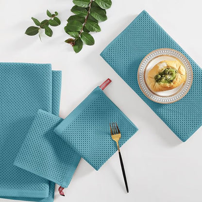 Homaxy 100% Cotton Kitchen Towels and Dishcloths Set, 12 x 12 Inches and 13 x 28 Inches, Set of 8 Bulk Kitchen Towels Set, Ultra Soft Absorbent Dish Cloths for Washing Dishes, Lake Blue