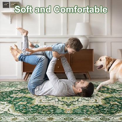 Area Rugs 5x7 - Machine Washable Vintage Oriental Soft Rug, Low Pile Thin Floor Carpet with Non Slip Backing for Living Room, Bedroom,Dorm, Kitchen, Indoor House, Office Rolling Chair