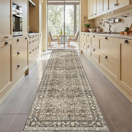 OPPODREAM Thin Vintage Brown 3x10 Runner Rug, 3 x 10 Retro Washable Rug Non Slip, Low-Pile Faux Wool Carpet, Distressed Floor Mat for Kitchen, Hallway, Entry-Way, Entrance, Indoor Back Door