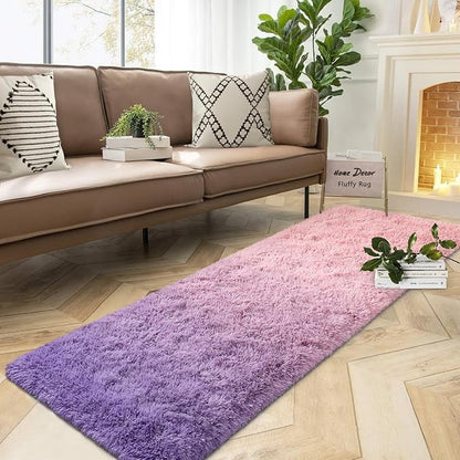 DweIke Luxury Shaggy Runner Rugs for Bedroom, 2x6 Feet Fluffy Runners Carpet for Girls Boys Kids, Non-Slip Extra Comfy Plush Bed Beside Rug for Living Room Nursery Home Decor, Pink and Purple