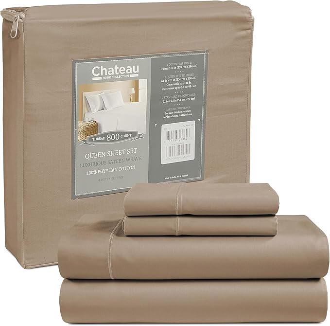 CHATEAU HOME COLLECTION King Sheet Set, 100% Cotton Bed Sheets King Size Sheets Deep Pocket Set, 800 Thread Count Sateen Weave 4 Piece Luxury Bedding, Soft & Breathable No Pill Fade Resistant- Taupe