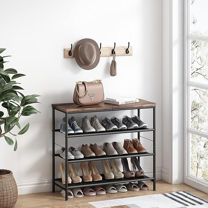 Shoe Rack Organizer 5 Tier Metal Organizer Shelf with Industrial MDF Board and Layer Fabric for Entryway Closet Bedroom Living Room Garage,Black & Rustic Brown (Black+Rustic Brown, 4 Tier)