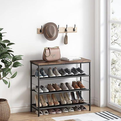 Shoe Rack Organizer 5 Tier Metal Organizer Shelf with Industrial MDF Board and Layer Fabric for Entryway Closet Bedroom Living Room Garage,Black & Rustic Brown (Black+Rustic Brown, 4 Tier)