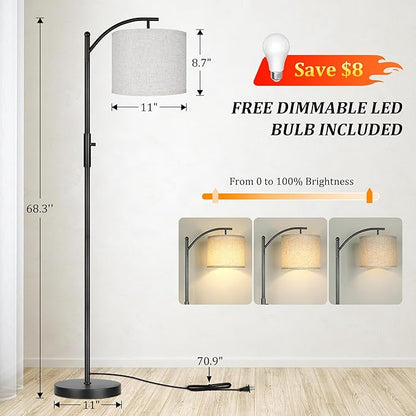 ROTTOGOON Dimmable Floor Lamp, Arc Floor Lamps for Living Room, Stepless Dimming Modern Standing Lamp with Linen Shade, Tall Lamp for Bedroom Office Dining Room- Black