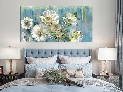 Ardemy Floral Canvas Wall Art Extra Large Magnolia White Flowers Pictures Wall Decor Teal Textured Paintings Modern Turquoise Artwork for Living Room Bedroom Dinning Room Home Office, 58"x29"