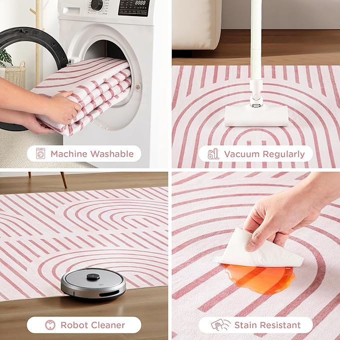 2x6 Washable Pink Runner Rugs for Kitchen, Soft Abstract Rainbow Boho Rug for Bedroom Bedside Laundry Room Bathroom,Modern Non Slip Low Pile Floor Mat