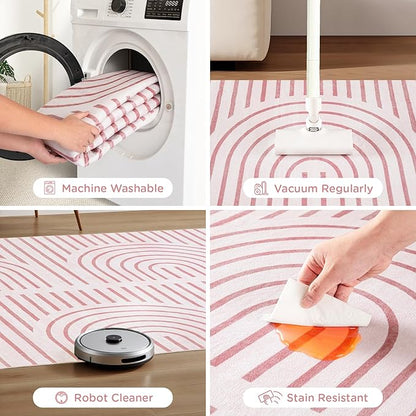 2x6 Washable Pink Runner Rugs for Kitchen, Soft Abstract Rainbow Boho Rug for Bedroom Bedside Laundry Room Bathroom,Modern Non Slip Low Pile Floor Mat