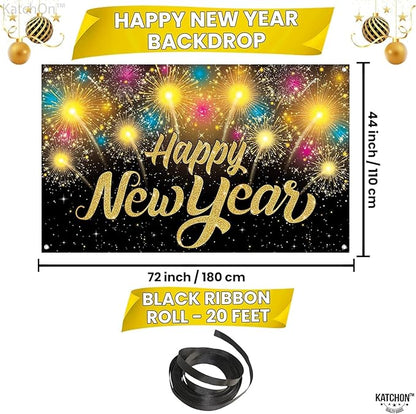 KatchOn, XtraLarge Happy New Year Banner - 72x44 Inch | Happy New Year Backdrop for New Years Decorations 2026 | NYE Eve Banner for NYE Decorations 2026 | New Years Eve Party Supplies 2026