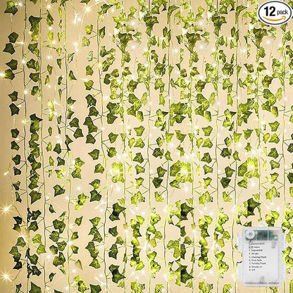 KASZOO 84Ft 12 Pack Artificial Ivy Garland Fake Plants, Vine Hanging Garland with CE Certified 80 LED String Light, Hanging for Home Bedroom Garden Party Wedding Wall Room Decor, Green