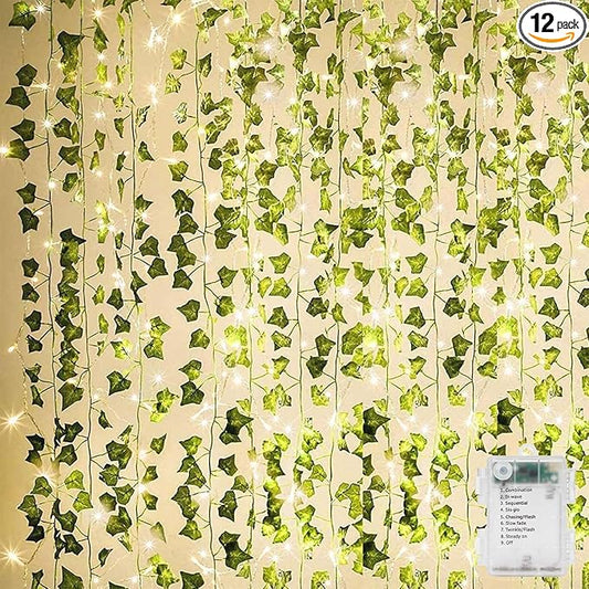 KASZOO 84Ft 12 Pack Artificial Ivy Garland Fake Plants, Vine Hanging Garland with CE Certified 80 LED String Light, Hanging for Home Bedroom Garden Party Wedding Wall Room Decor, Green