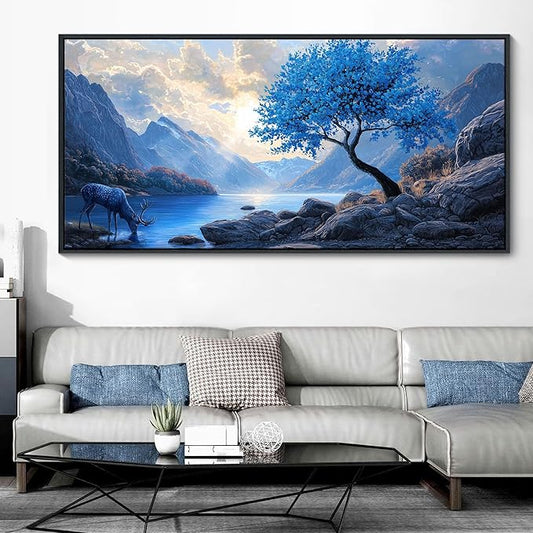 HKDGOKA Large Framed Canvas Wall Art, Blue Tree Mountains Landscape Paintings Artwork, Lake Stone Deer Abstract Modern Wall Picture for Living Room Bedroom Kitchen Farmhouse Home Decor 29x58 IN