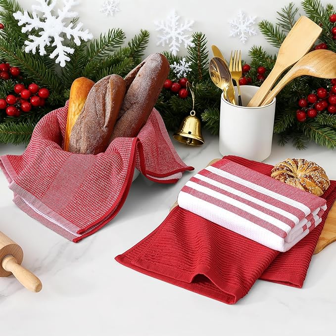 Homaxy Premium Kitchen Towels(18”x 28”, 12 Pack), Large Cotton 380 GSM Kitchen Hand Towels, Soft and Absorbent Terry Dish Towels, Multipurpose Tea Towel Set with Hanging Loop, Red