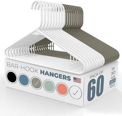 Neaties Plastic Hangers 50 Pack (60 Count) – Made in The USA – 6lb Capacity Standard Clothes Hangers with Strap Hooks for Dresses, Lingerie, Shirts, Pants, and Jackets – White & Gray