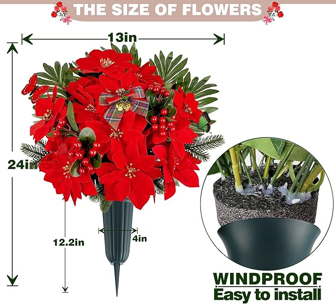 Christmas Cemetery Flowers for Grave Decoration， Christmas Red Poinsettias Berry Bouquet with Cemetery Ground Vase,2 Butterflies Including