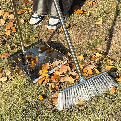 Metal Dustpan with Soft Bristles Broom Heavy Duty Stainless Steel Upright Standing Dust Pan and Broom for Sweeping Indoor Outdoor Home Kitchen Office Lobby Hardwood Floor Cleaning