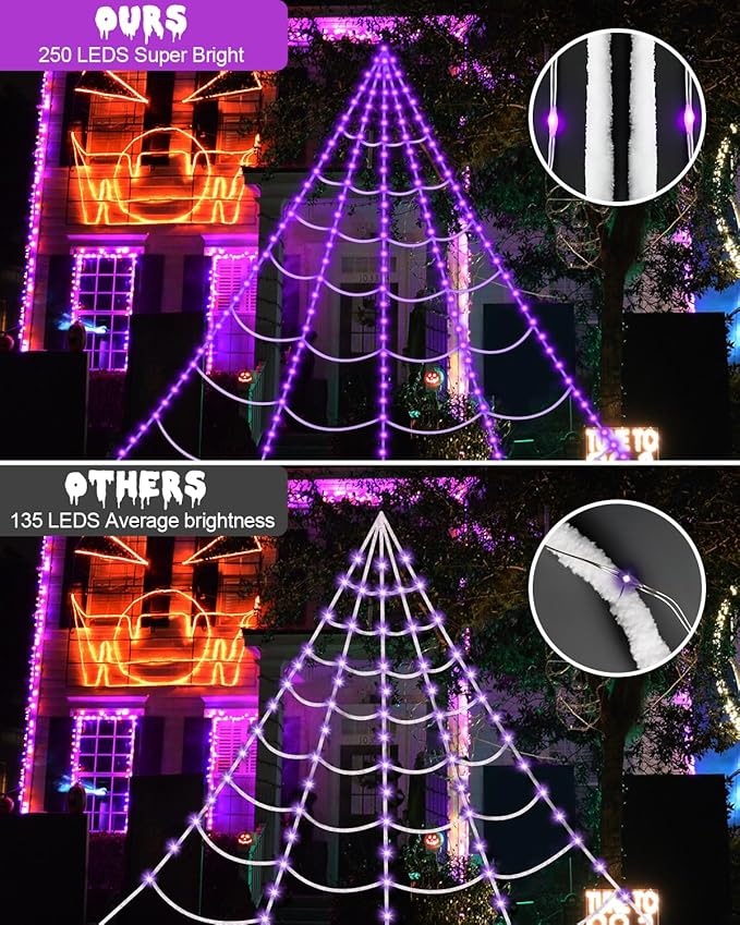 Brighter Spider Web Lights Halloween Decorations Outdoor, 2025 Upgraded 250 Purple LED Lights 16.4ft Spider Web with 48 Inches Giant Spider, 8 Modes, Timer & Memory Function, Outdoor Halloween Decor