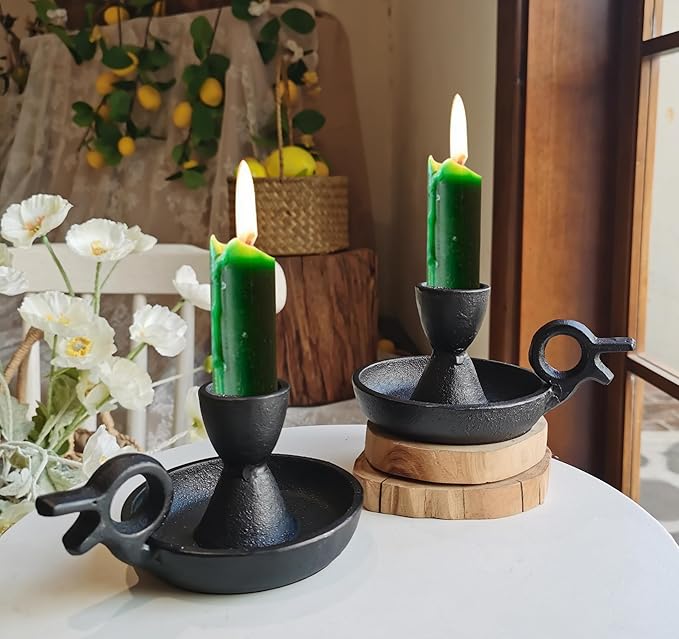 Iron Taper Candle Holders Set of 2, Black Metal Candlestick for Table Centerpieces, Wedding Decor and Dinner Party (Handle)