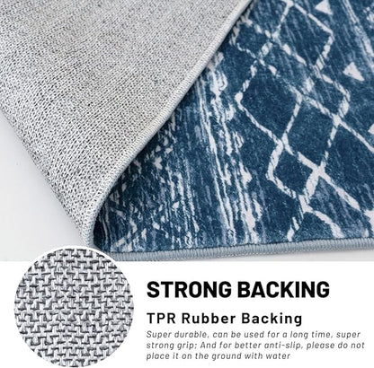 KUTA Moroccan Washable Hallway Runner Rug, 2x6 Non-Slip Vintage Blue Boho Rugs Kitchen Runners Ultra Soft Distressed Geometric Floor Carpet for Bedroom Laundry Living Room