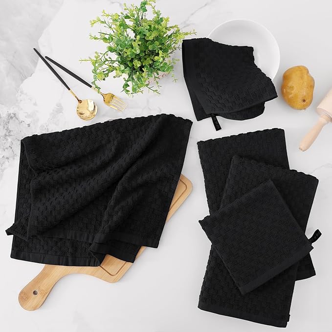Fintale 100% Cotton Kitchen Towels and Dishcloths Set, 12 x 12 & 15 x 25 Inches, Set of 10 Bulk Super Soft and Absorbent Terry Cloth Dish Towels, Quick Drying Hand Towels with Hanging Loop, Black