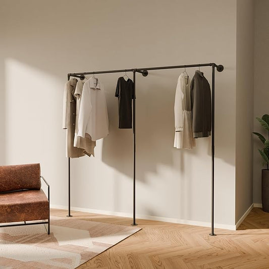 pamo Industrial Pipe Clothing Rack - 440 lbs Capacity - Wall Mounted Clothes Rack and Walk In Closet for Wardrobe