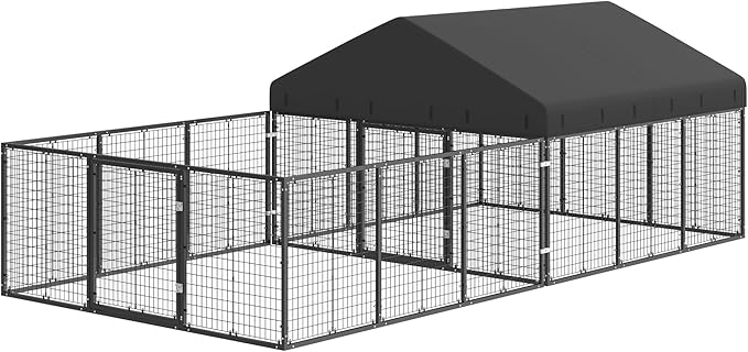 Dog Kennel with Dog Fence for Medium/Small Dogs Anti-Rust Coating Cage with Roof All Weather Resistant Dog House with Double Locks