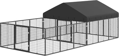 Dog Kennel with Dog Fence for Medium/Small Dogs Anti-Rust Coating Cage with Roof All Weather Resistant Dog House with Double Locks