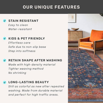 Boho Navy Blue 10x12 Area Rug for Living Room, Extra Large Dining Room Rugs for Under Table, Soft Low Pile Carpet for Bedroom - Vintage Floral Rug, Non-Slip, Lightweight & Stain Resistance