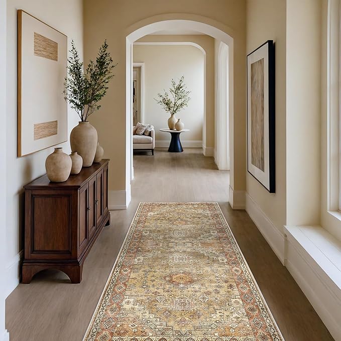 GENIMO 2x5 Washable Runner Rug for Hallway, Vintage Non Slip Low Pile Carpet, Soft Lightweight Printed Rug for Entryway, Kitchen, Corridor & Home Office, Taupe Mocha