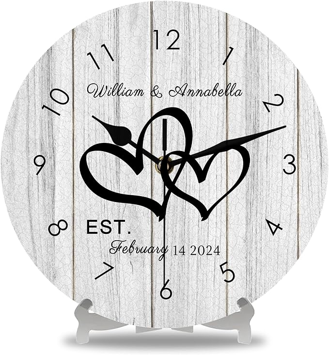 Personalized Couples Wall Clock with Name Date, Custom Farmhouse Wall Clock for Living Room Kitchen Bathroom, Home Decor Gifts for Christmas Birthday Valentine's Anniversary Wedding