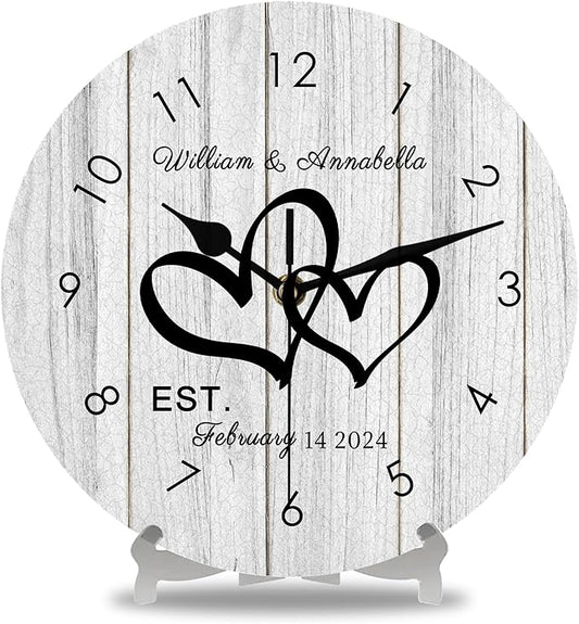 Personalized Couples Wall Clock with Name Date, Custom Farmhouse Wall Clock for Living Room Kitchen Bathroom, Home Decor Gifts for Christmas Birthday Valentine's Anniversary Wedding