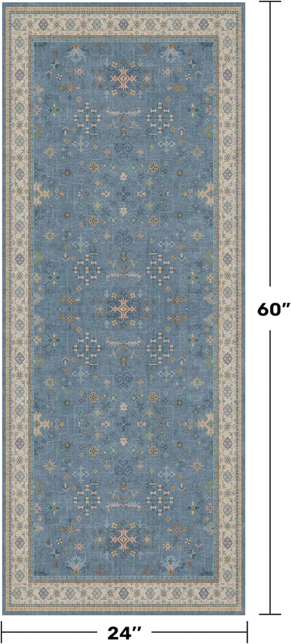 Boho 2x5 Kitchen Rugs Non Slip - Washable Blue Runner Rug for Bedroom Beside Bed, Laundry Room, Hallway, Non Slip with Rubber Backing, Floral Eclectic Unique Runner Décor