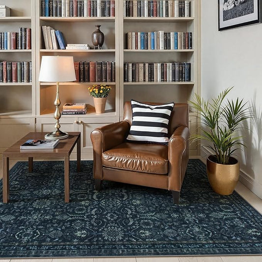 Lahome Navy Blue Boho Area Rugs 5x7,Washable Rugs for Bedroom,Dark Academia Vintage Carpet for Office,Rubber Backed Living Room Carpets for Dorm Dining Room Apartment